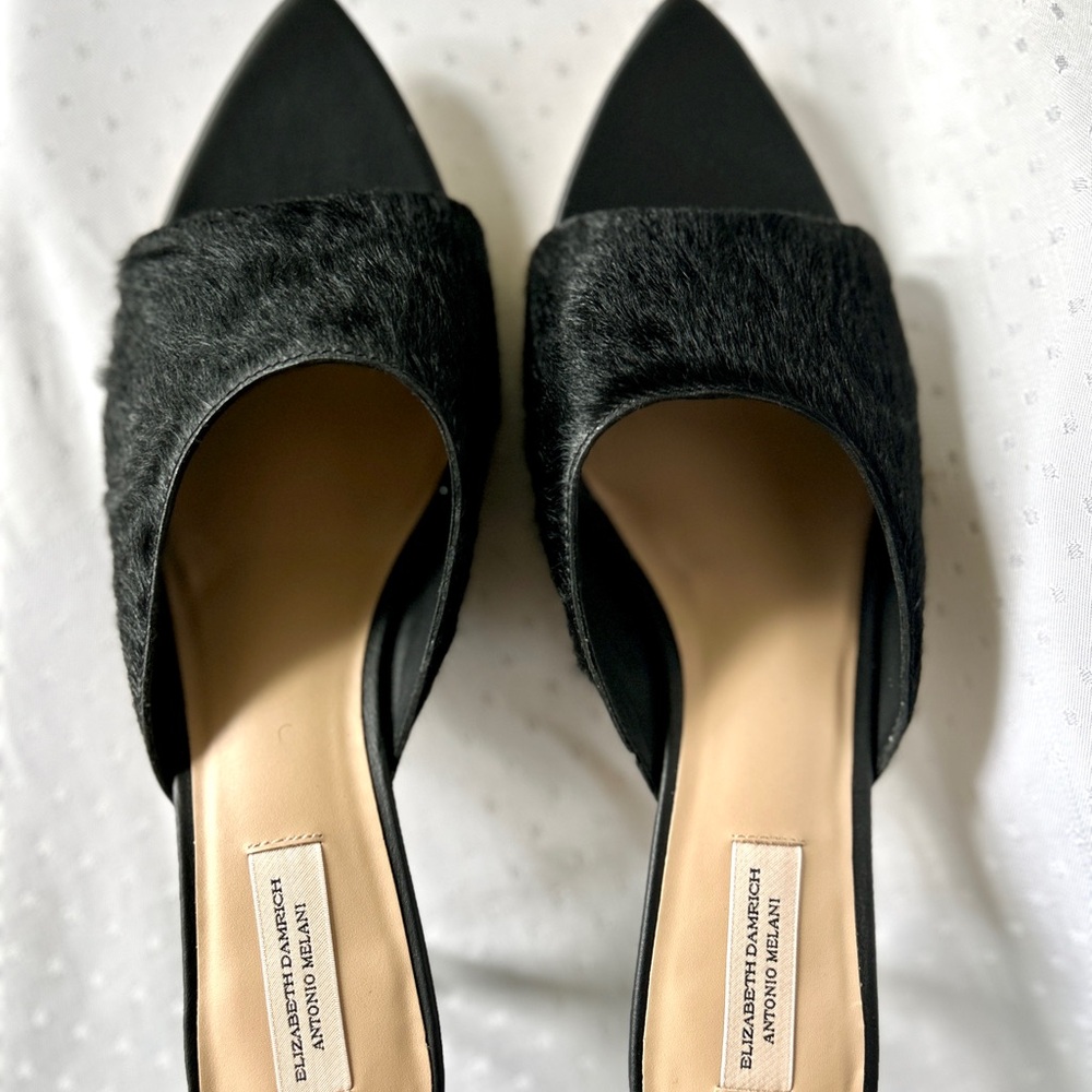 Fur Mules with heels, black calf hair, Antonio Melani x Elizabeth Damrich